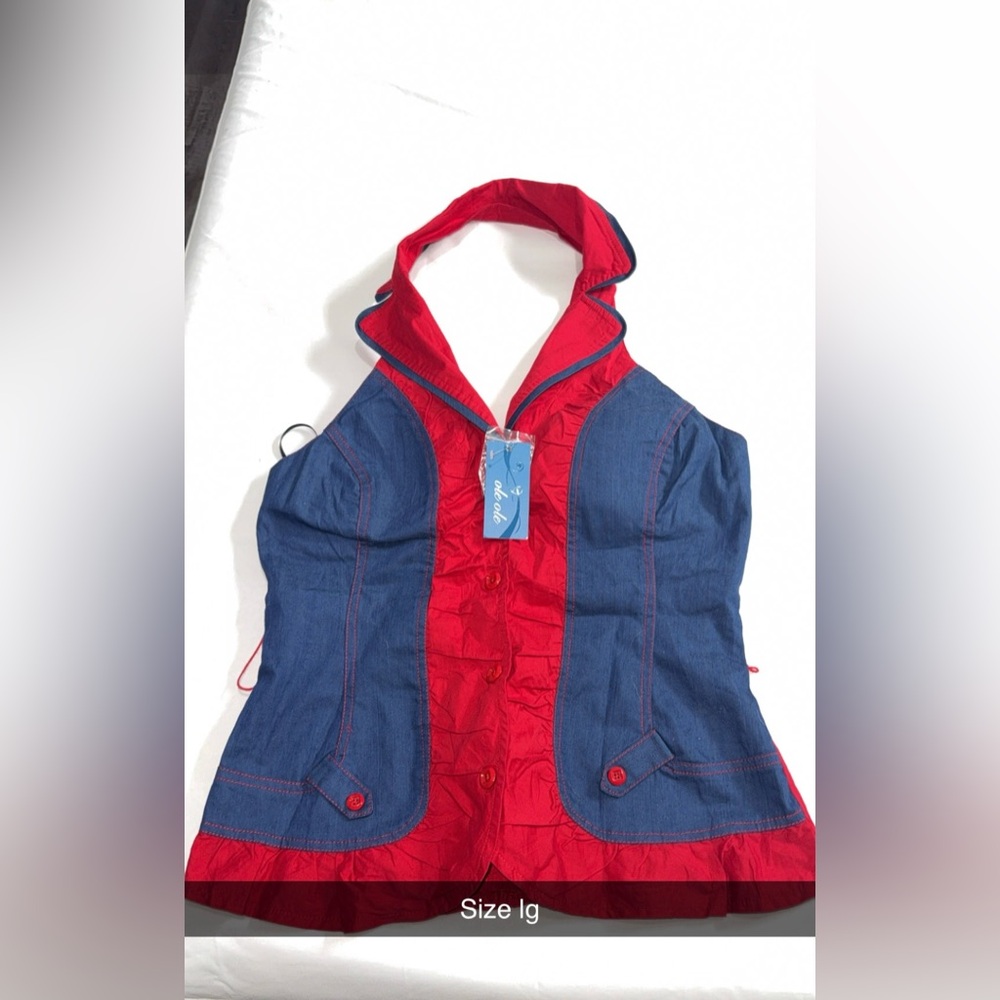 Denim Look Red-Trim Halter Top